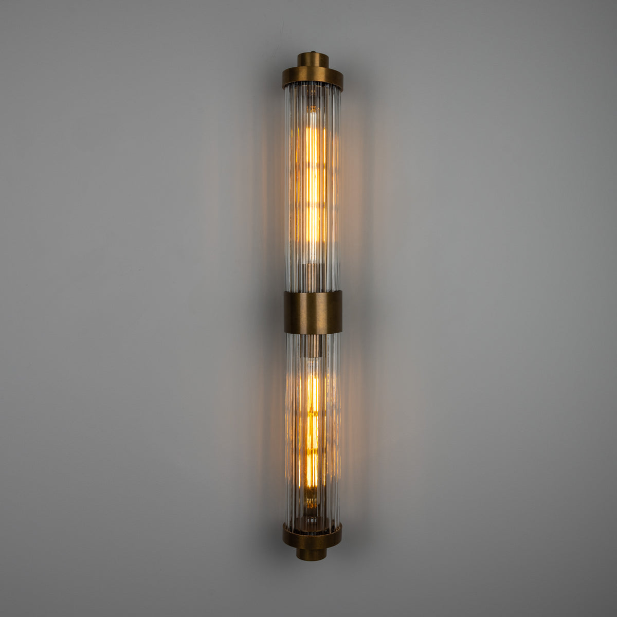 Double Louise Brass IP44 Wall Light with Rippled Clear Glass in Antique Brass