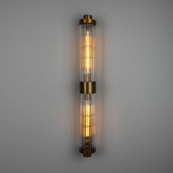 Double Louise Brass IP44 Wall Light with Rippled Clear Glass in Antique Brass