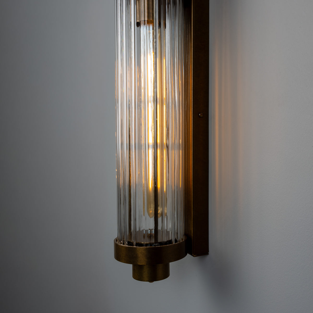 Double Louise Brass IP44 Wall Light with Rippled Clear Glass in Antique Brass