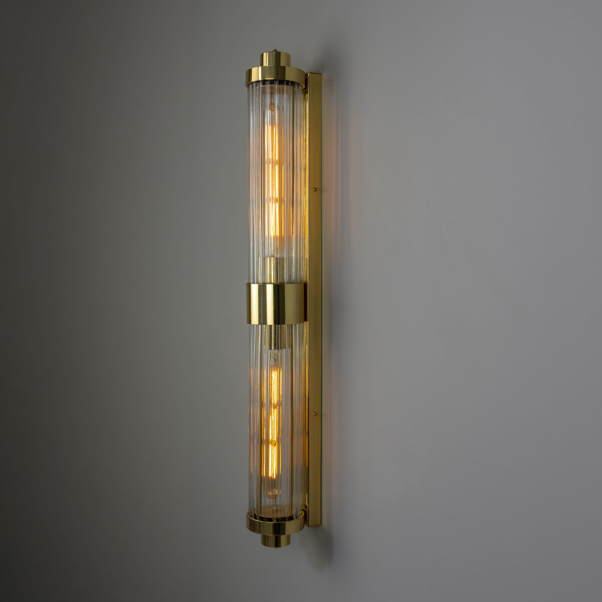 Double Louise Brass IP44 Wall Light with Rippled Clear Glass in Polished Brass