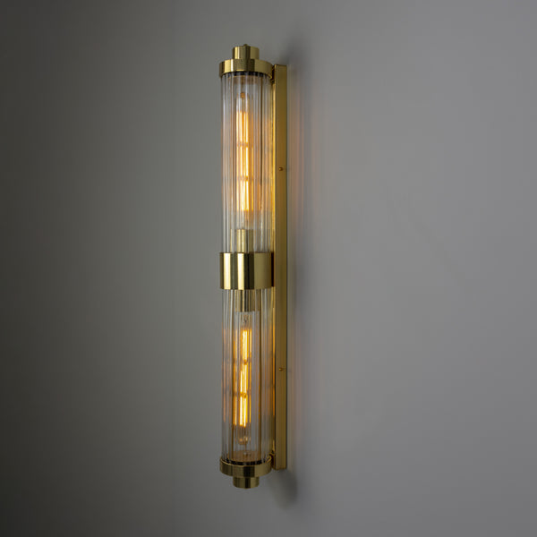 Double Louise Brass IP44 Wall Light with Rippled Clear Glass in Polished Brass