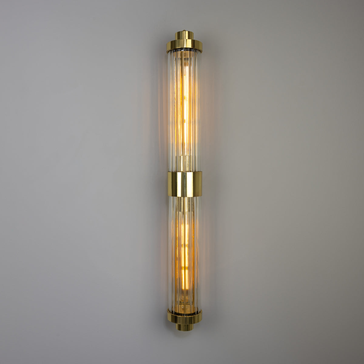 Double Louise Brass IP44 Wall Light with Rippled Clear Glass in Polished Brass