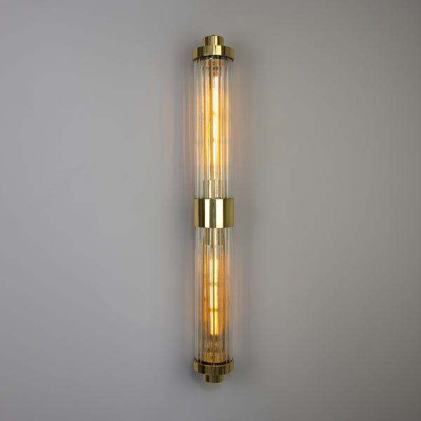 Double Louise Brass IP44 Wall Light with Rippled Clear Glass in Polished Brass