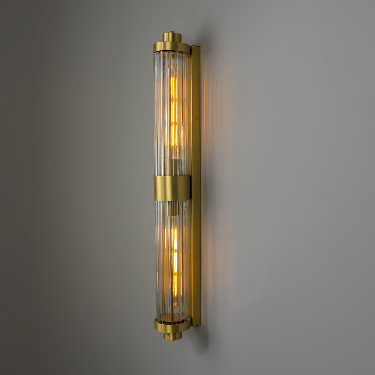 Double Louise Brass IP44 Wall Light with Rippled Clear Glass in Satin Brass