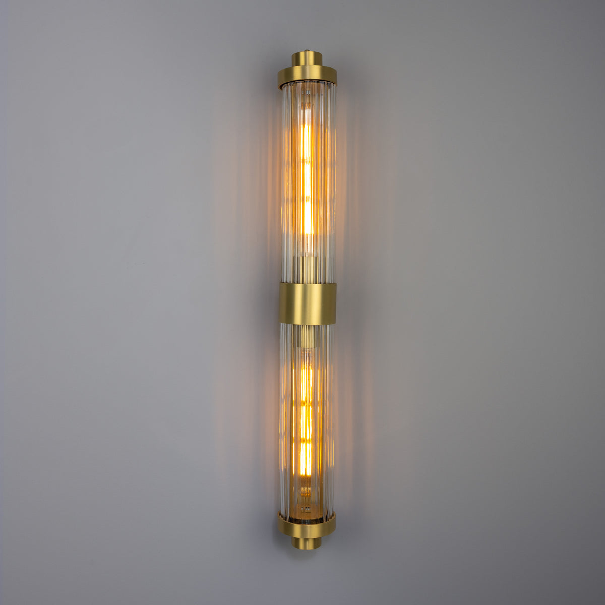 Double Louise Brass IP44 Wall Light with Rippled Clear Glass in Satin Brass