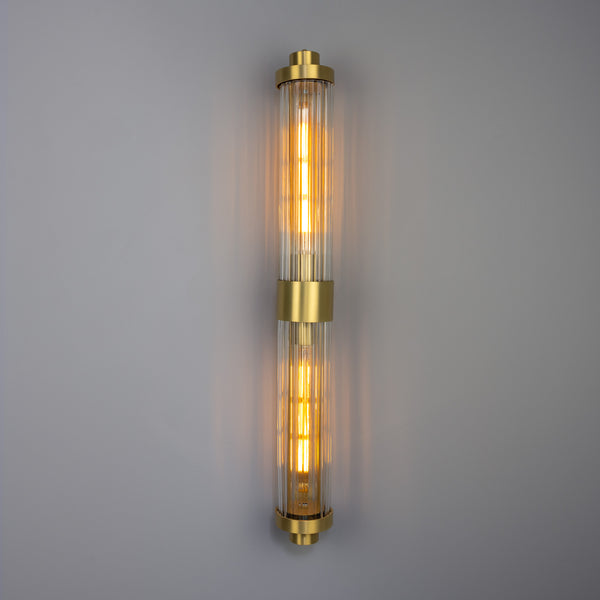 Double Louise Brass IP44 Wall Light with Rippled Clear Glass in Satin Brass