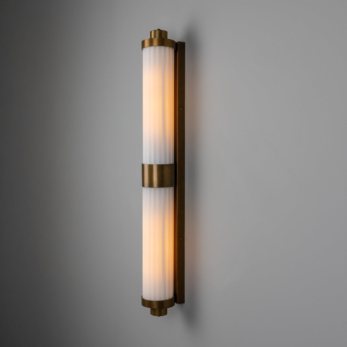 Double Louise Brass IP44 Wall Light with Rippled Opal Glass in Antique Brass