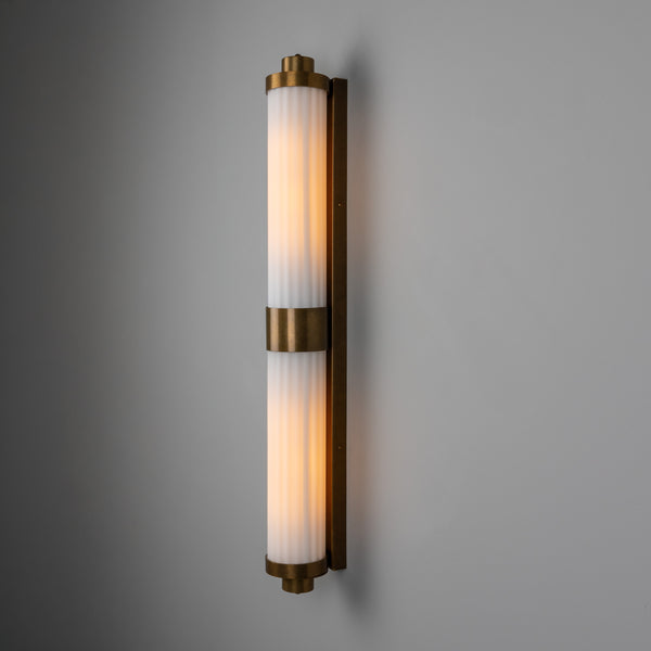 Double Louise Brass IP44 Wall Light with Rippled Opal Glass in Antique Brass