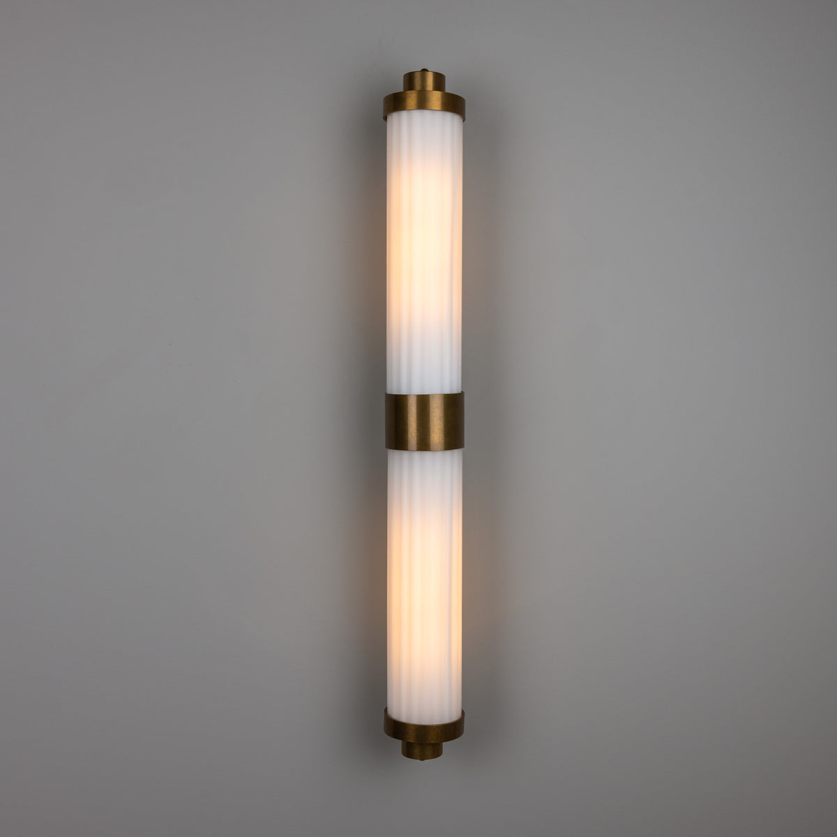 Double Louise Brass IP44 Wall Light with Rippled Opal Glass in Antique Brass