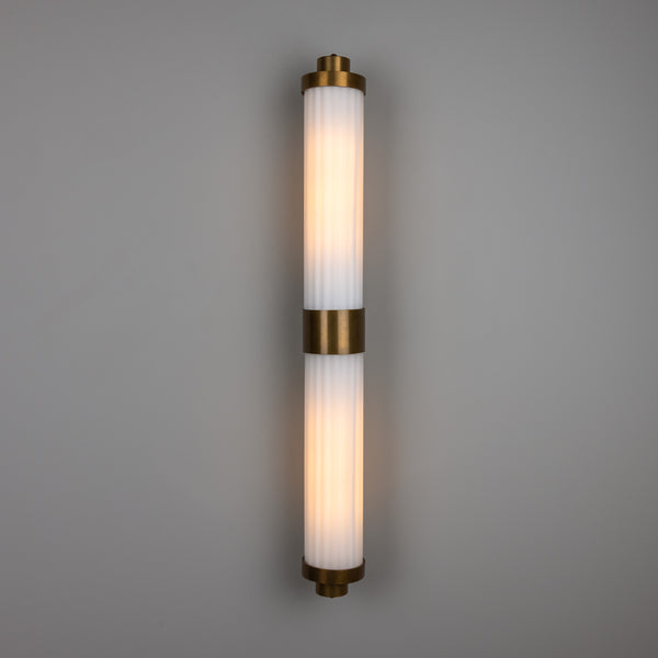 Double Louise Brass IP44 Wall Light with Rippled Opal Glass in Antique Brass