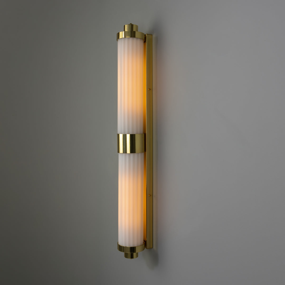 Double Louise Brass IP44 Wall Light with Rippled Opal Glass in Polished Brass