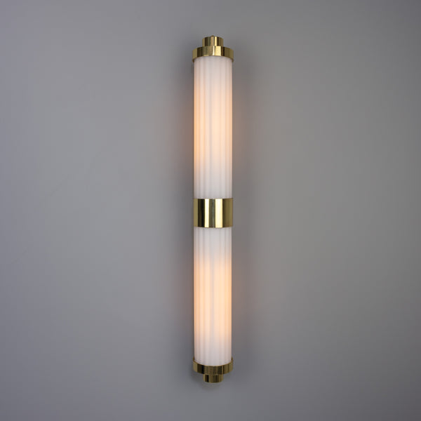 Double Louise Brass IP44 Wall Light with Rippled Opal Glass in Polished Brass