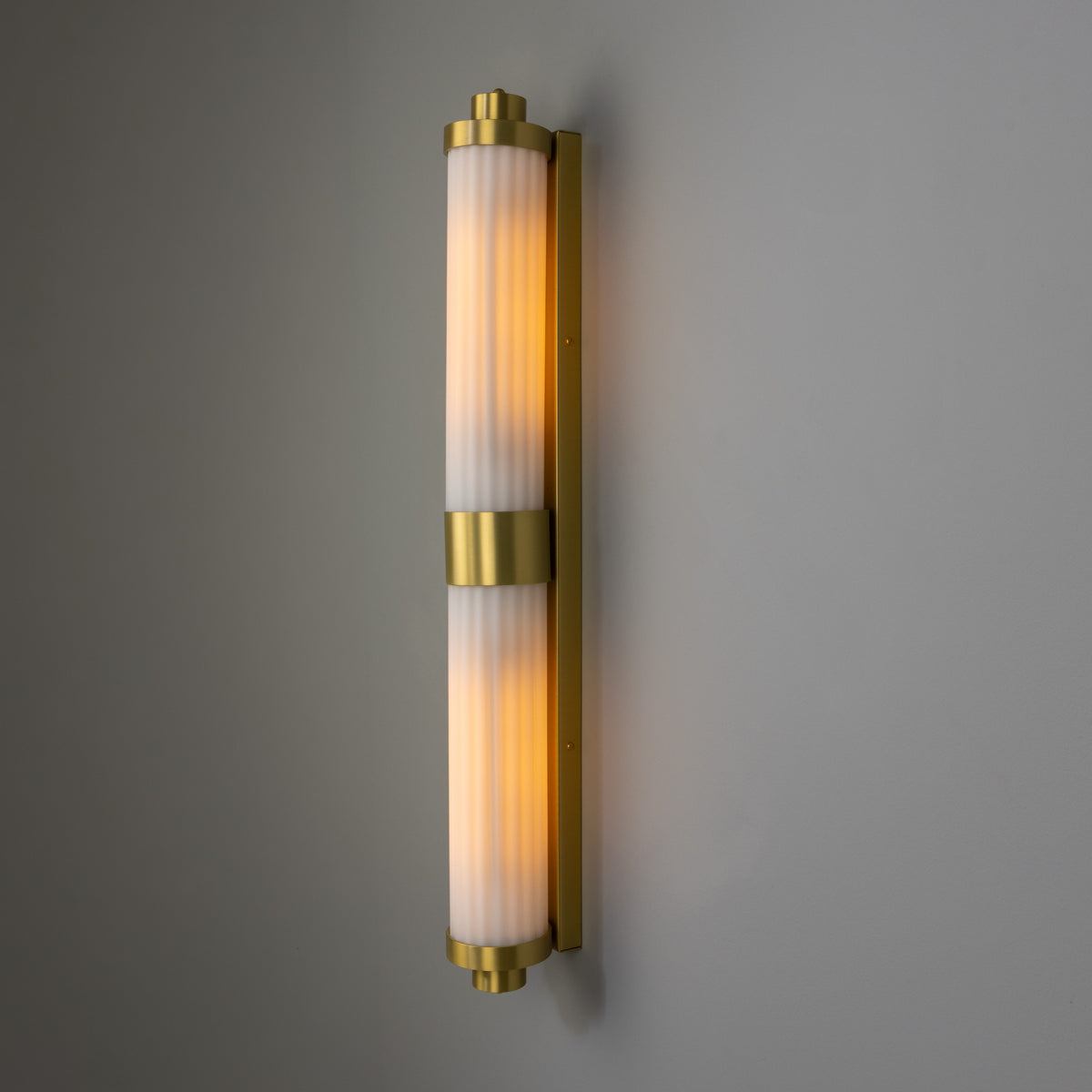 Double Louise Brass IP44 Wall Light with Rippled Opal Glass in Satin Brass