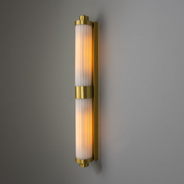 Double Louise Brass IP44 Wall Light with Rippled Opal Glass in Satin Brass