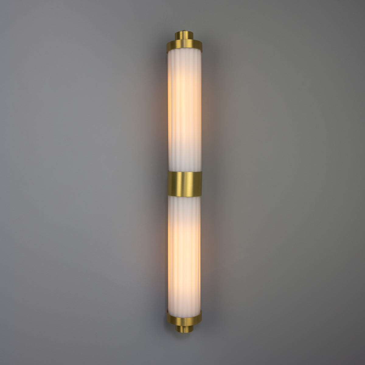 Double Louise Brass IP44 Wall Light with Rippled Opal Glass in Satin Brass