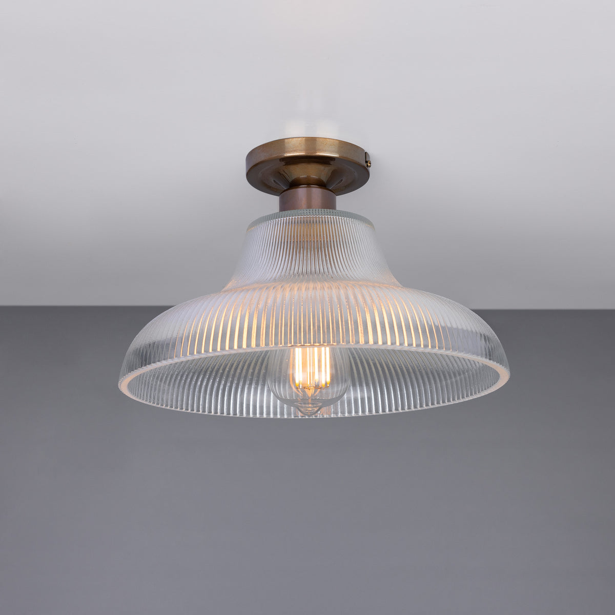 Mono 30cm Vintage Flush Ceiling Light in Antique Brass with Prismatic Glass Shade