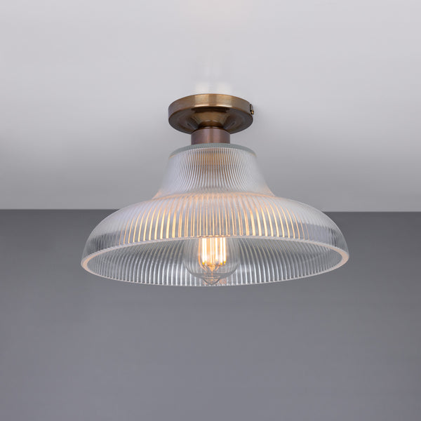 Mono 30cm Vintage Flush Ceiling Light in Antique Brass with Prismatic Glass Shade