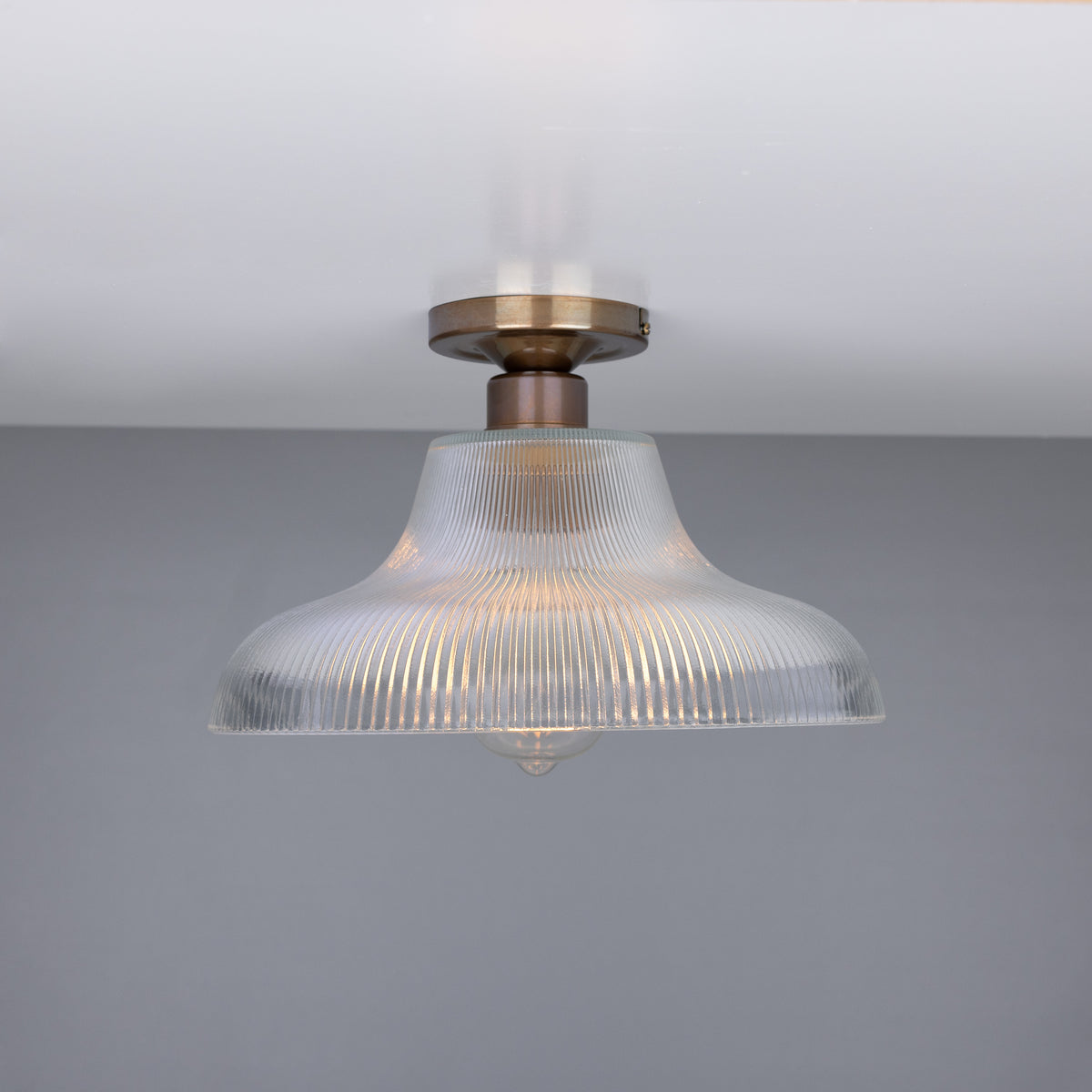 Mono 30cm Vintage Flush Ceiling Light in Antique Brass with Prismatic Glass Shade
