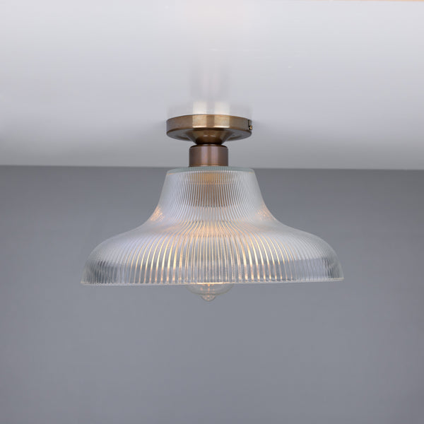 Mono 30cm Vintage Flush Ceiling Light in Antique Brass with Prismatic Glass Shade