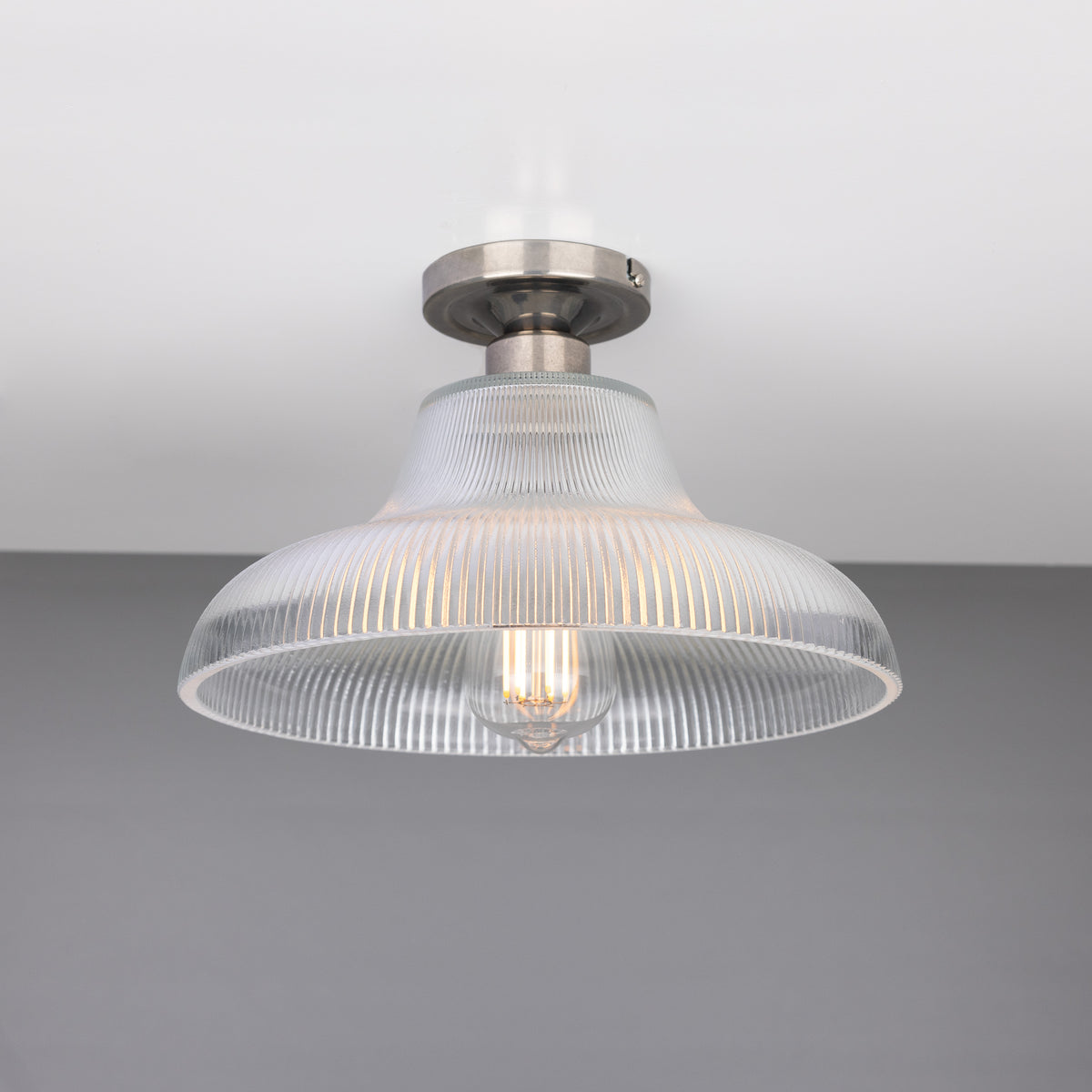 Mono 30cm Vintage Flush Ceiling Light in Antique Silver with Prismatic Glass Shade