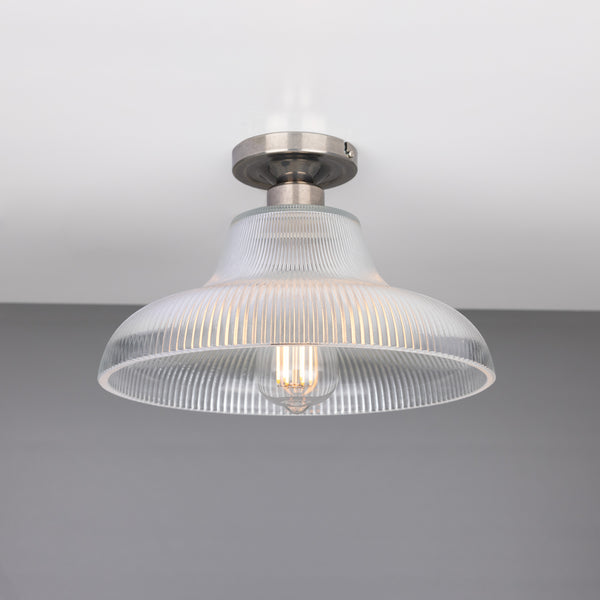 Mono 30cm Vintage Flush Ceiling Light in Antique Silver with Prismatic Glass Shade