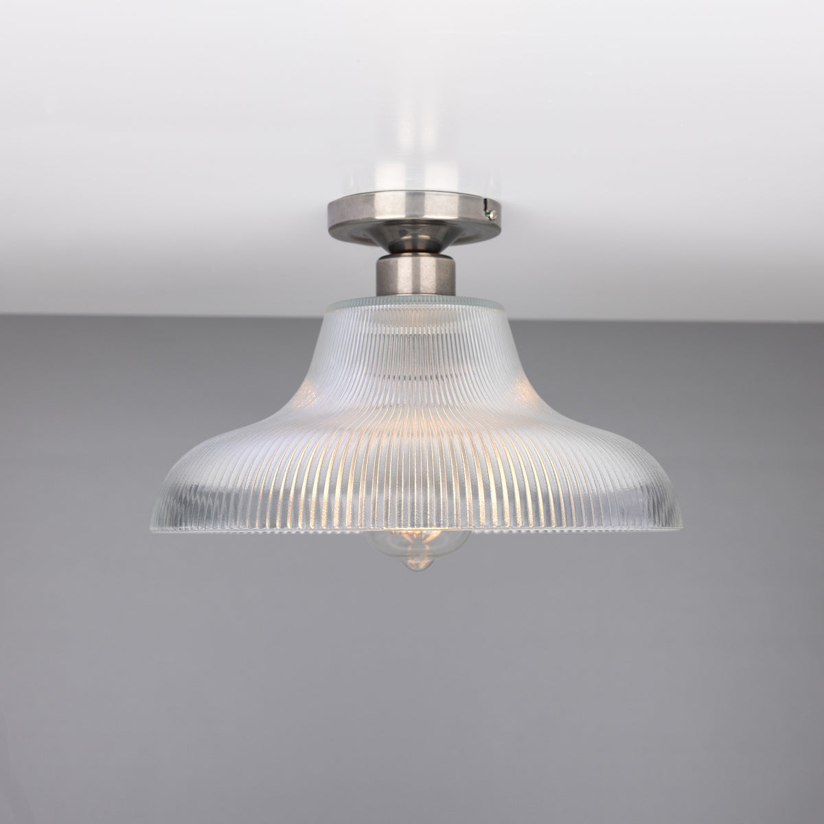 Mono 30cm Vintage Flush Ceiling Light in Antique Silver with Prismatic Glass Shade