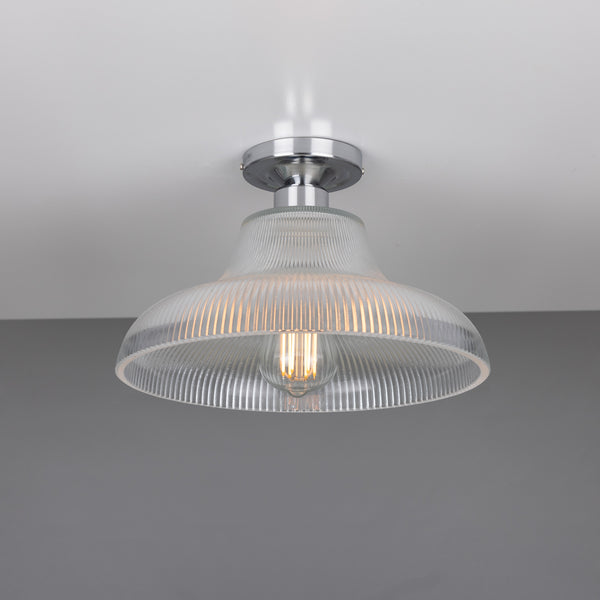 Mono 30cm Vintage Flush Ceiling Light in Polished Chrome with Prismatic Glass Shade