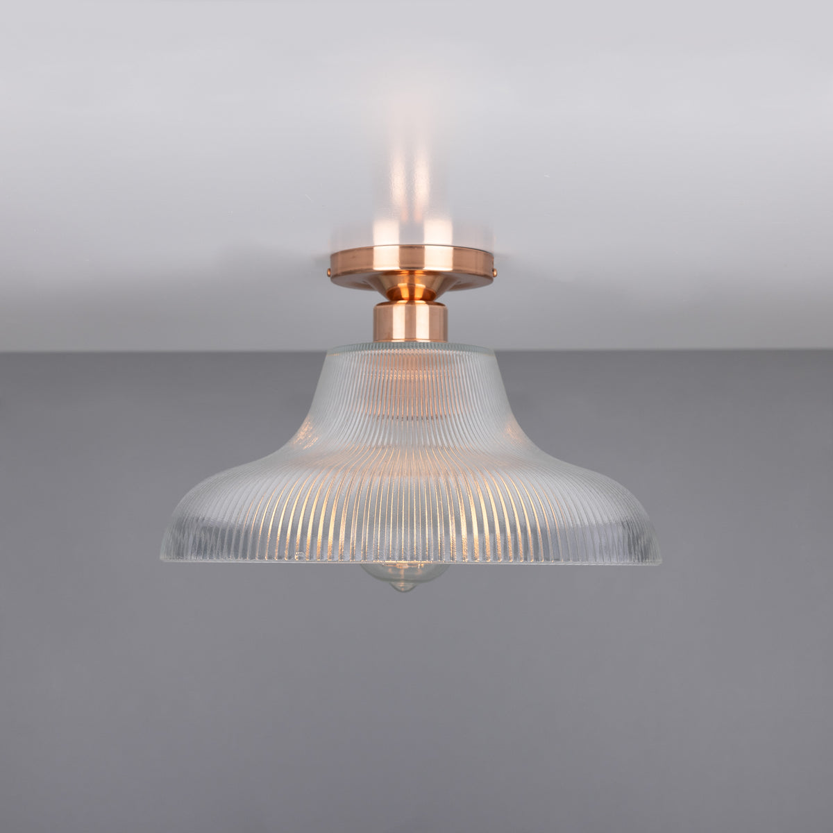 Mono 30cm Vintage Flush Ceiling Light in Polished Copper with Prismatic Glass Shade