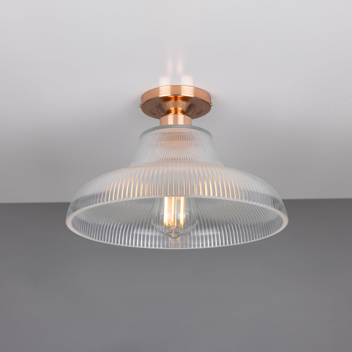 Mono 30cm Vintage Flush Ceiling Light in Polished Copper with Prismatic Glass Shade