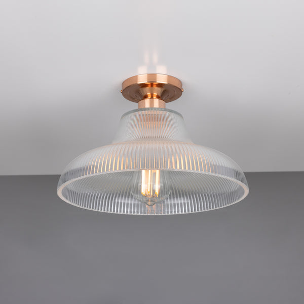 Mono 30cm Vintage Flush Ceiling Light in Polished Copper with Prismatic Glass Shade