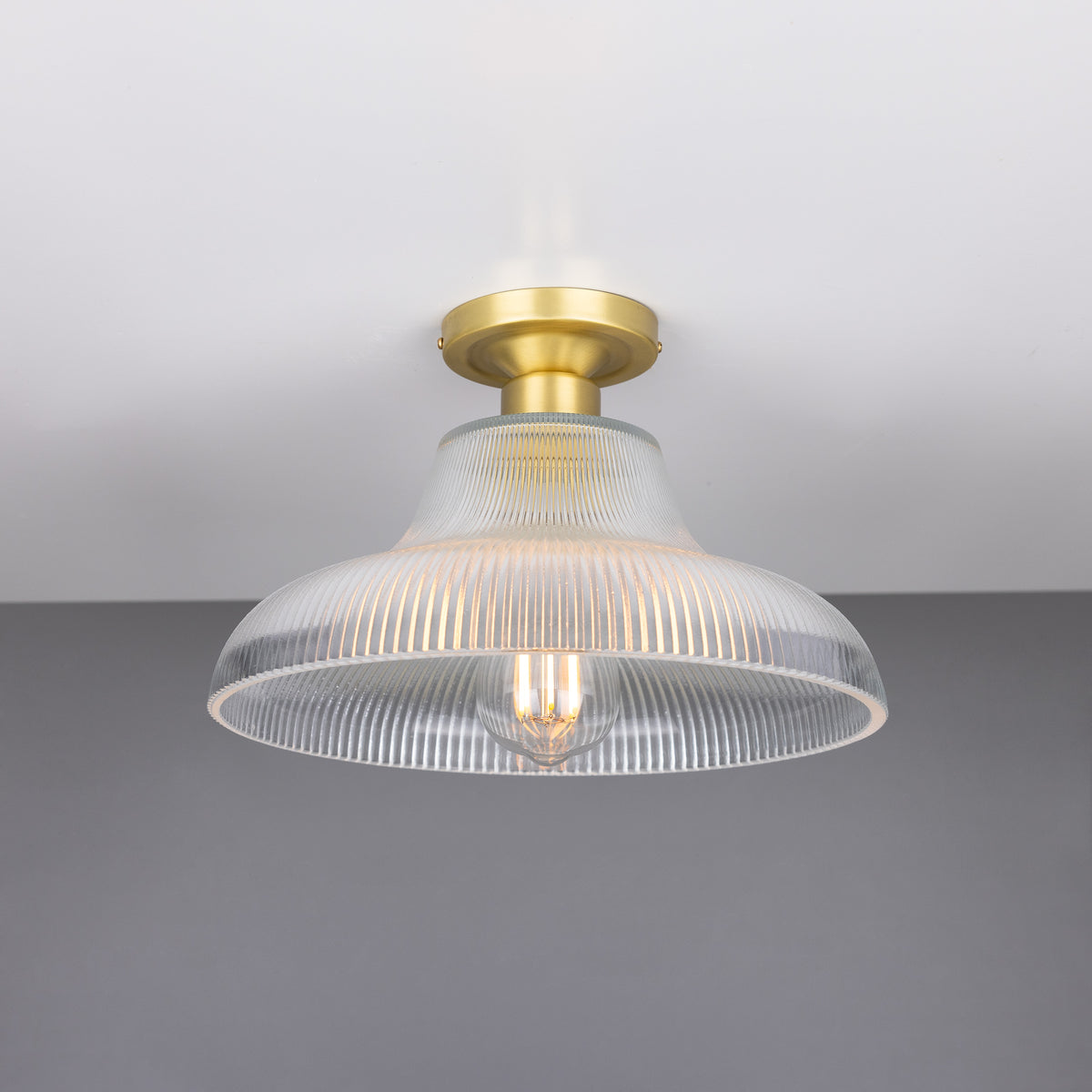 Mono 30cm Vintage Flush Ceiling Light in Satin Brass with Prismatic Glass Shade