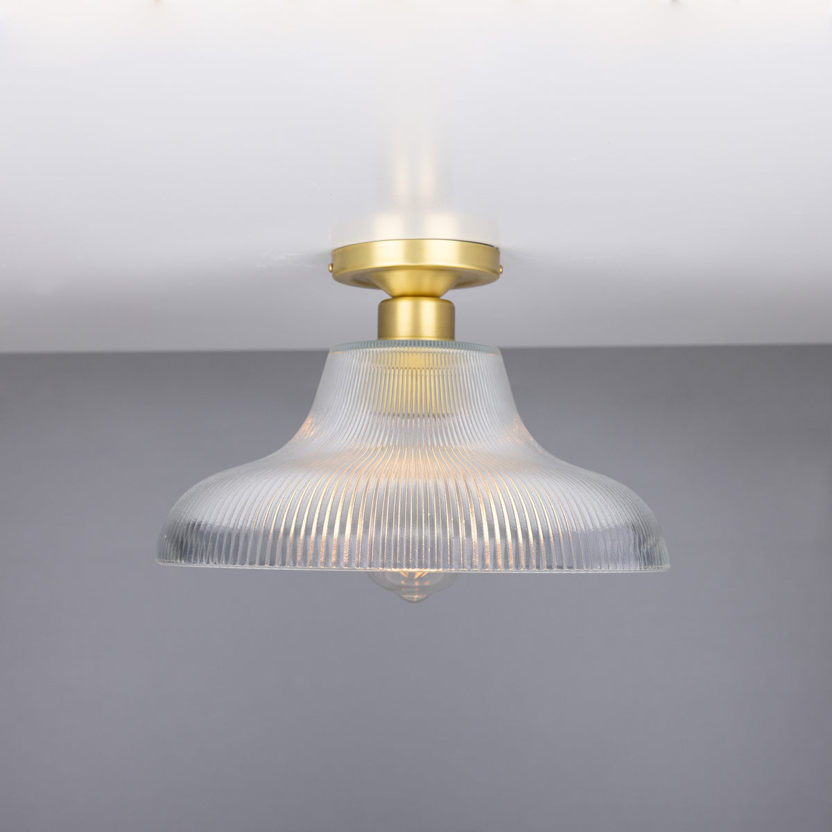 Mono 30cm Vintage Flush Ceiling Light in Satin Brass with Prismatic Glass Shade