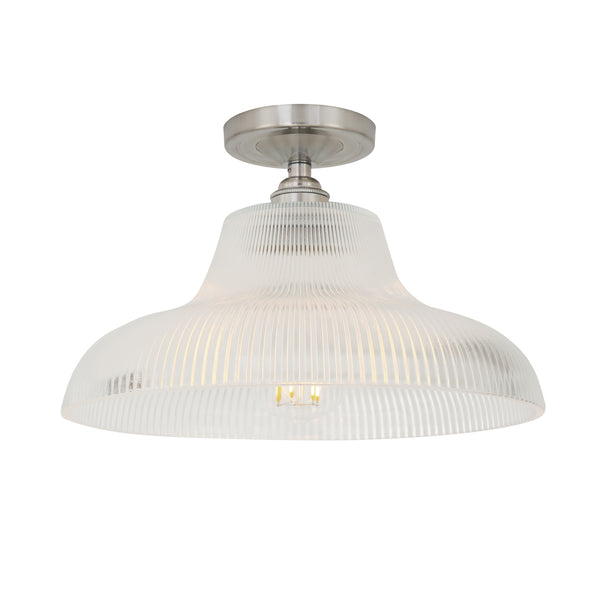 Mullan Mono 30cm vintage flush ceiling light in satin chrome with a prismatic glass shade