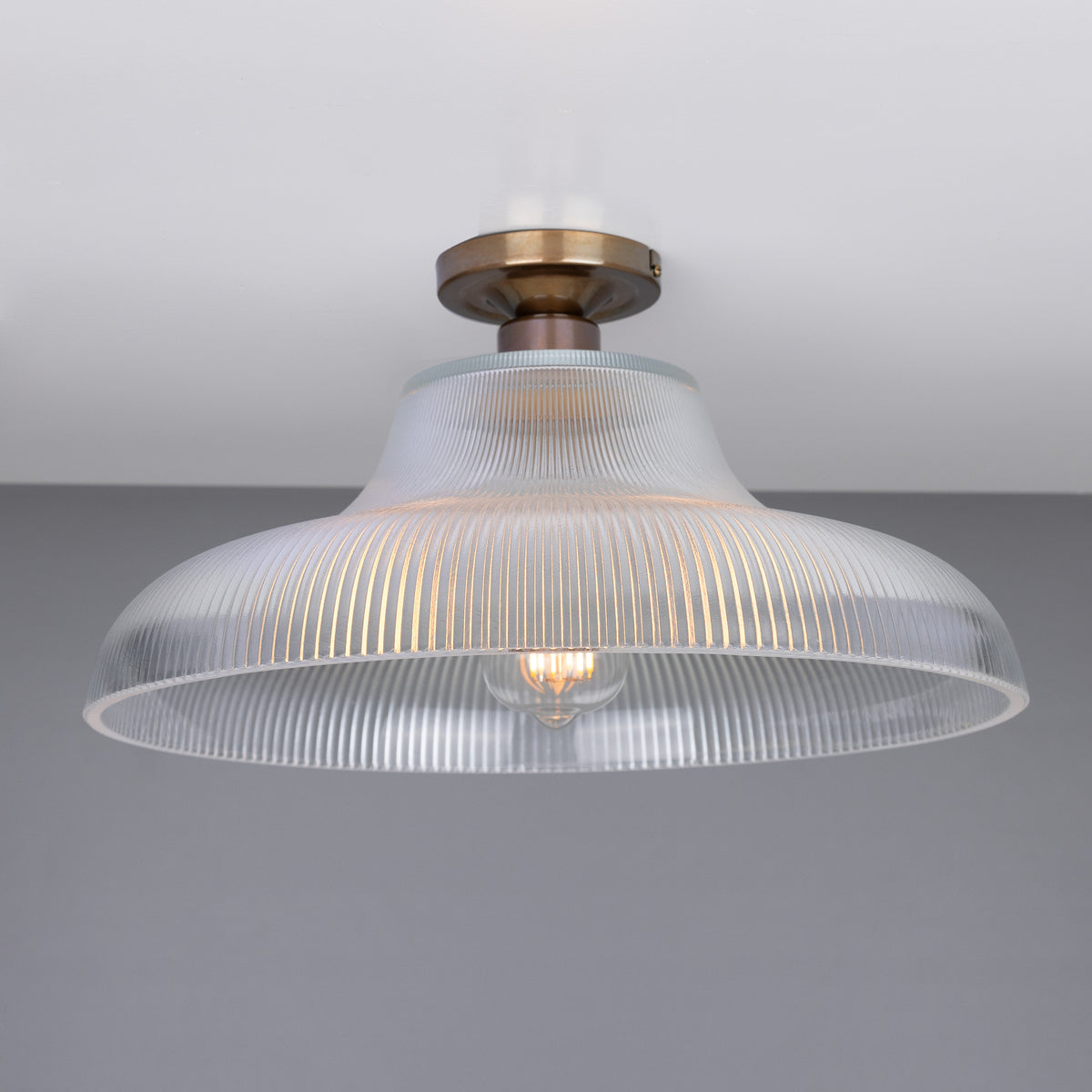 Mono 40cm Vintage Flush Ceiling Light in Antique Brass with Prismatic Glass Shade