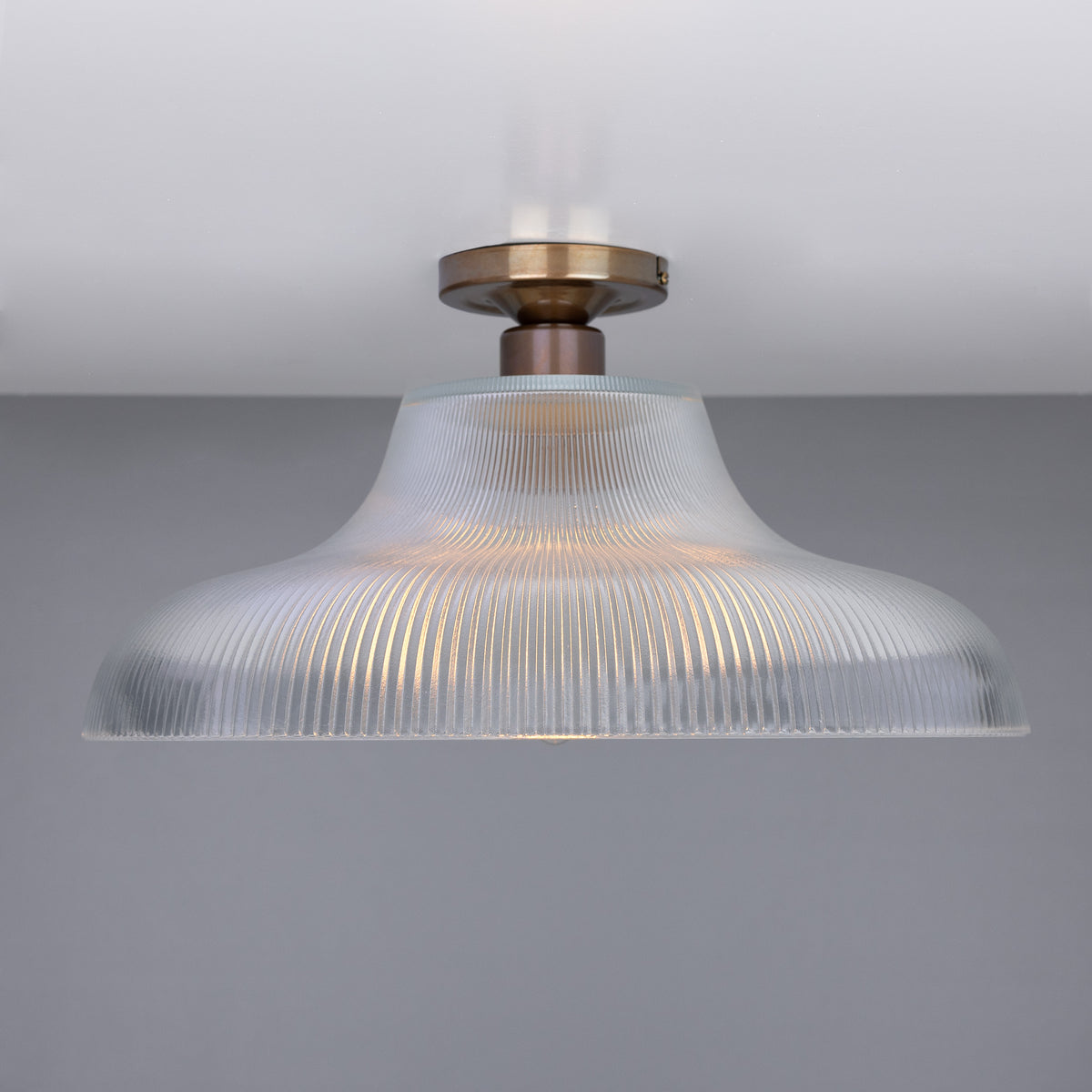 Mono 40cm Vintage Flush Ceiling Light in Antique Brass with Prismatic Glass Shade