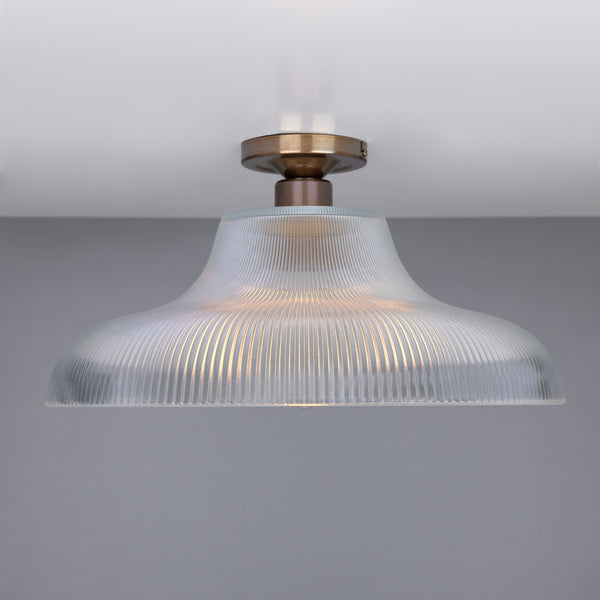 Mullan Mono 40cm vintage flush ceiling light in antique brass with a ribbed prismatic glass shade