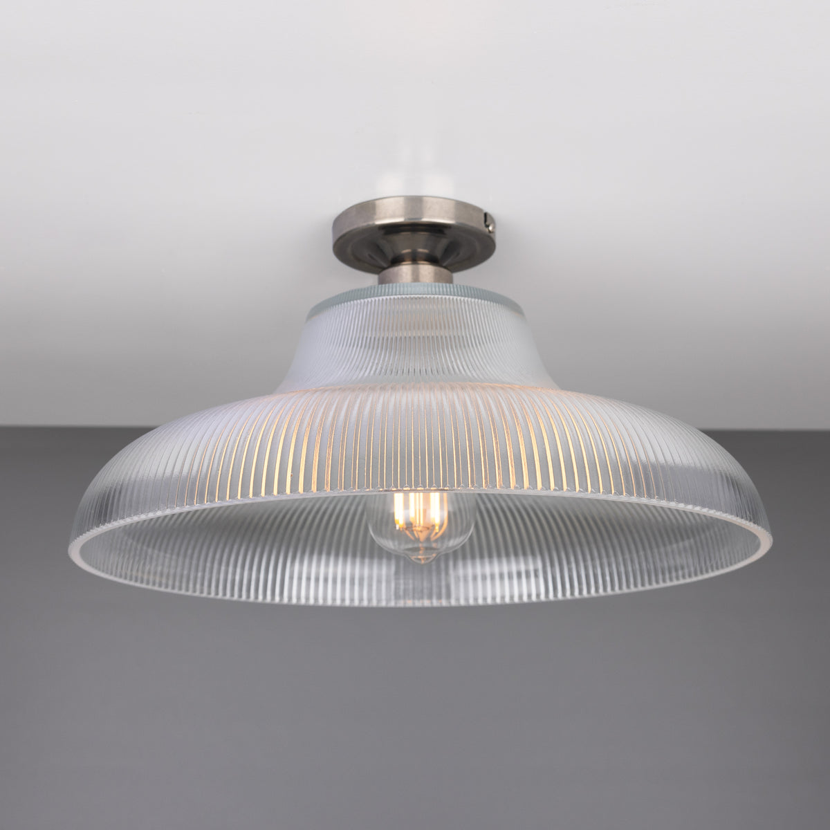 Mono 40cm Vintage Flush Ceiling Light in Antique Silver with Prismatic Glass Shade