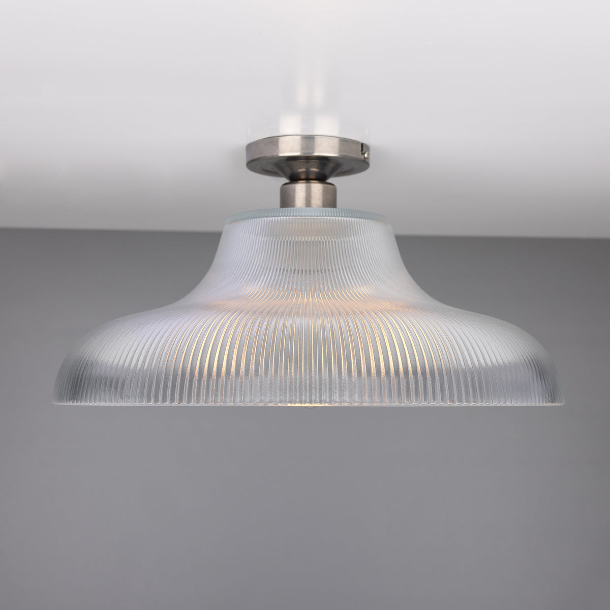 Mono 40cm Vintage Flush Ceiling Light in Antique Silver with Prismatic Glass Shade