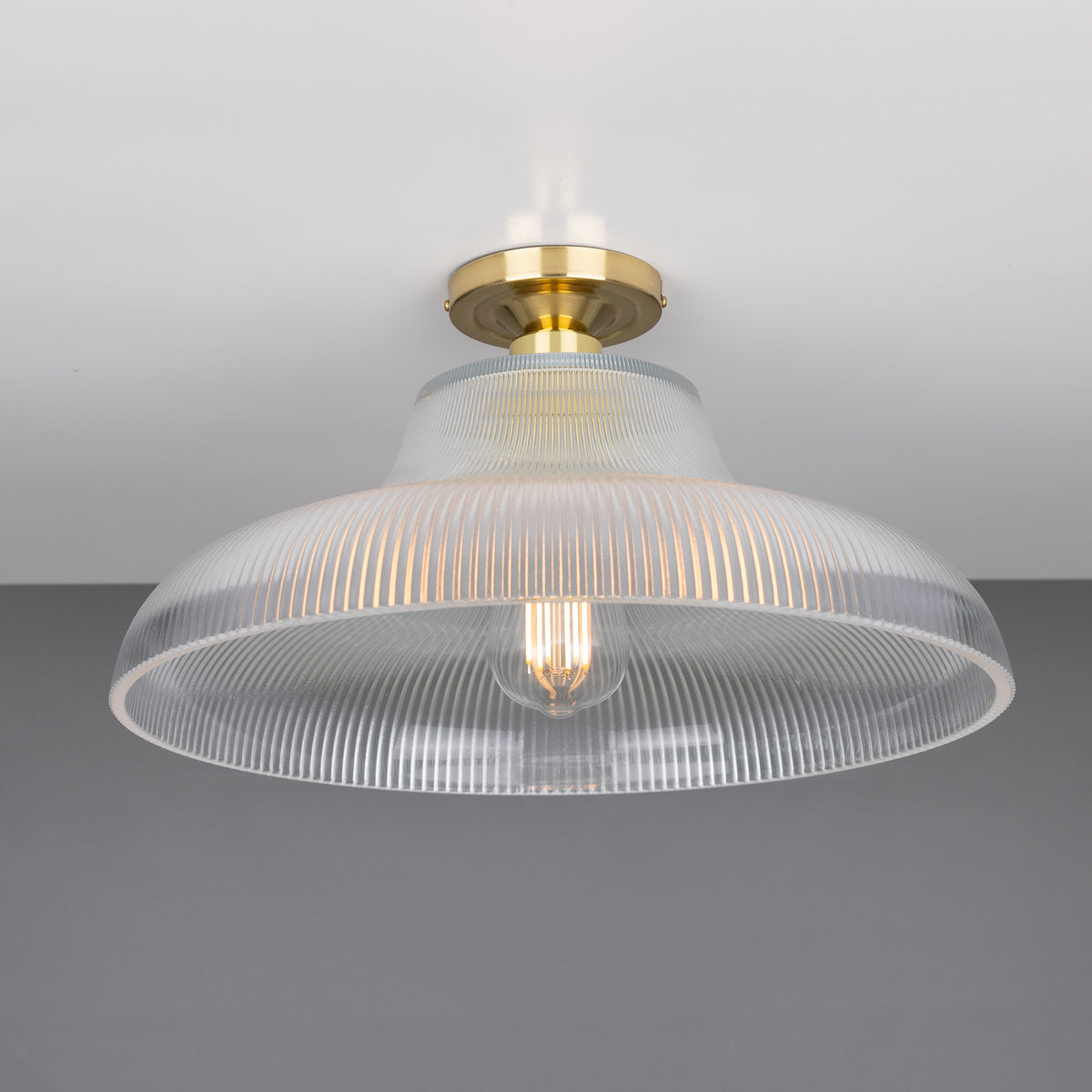 Mono 40cm Vintage Flush Ceiling Light in Polished Brass with Prismatic Glass Shade