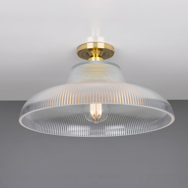 Mono 40cm Vintage Flush Ceiling Light in Polished Brass with Prismatic Glass Shade