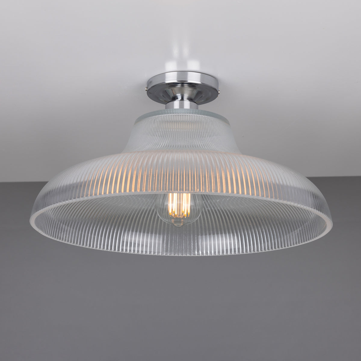 Mono 40cm Vintage Flush Ceiling Light in Polished Chrome with Prismatic Glass Shade