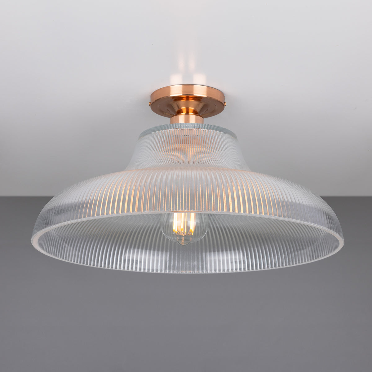 Mono 40cm Vintage Flush Ceiling Light in Polished Copper with Prismatic Glass Shade