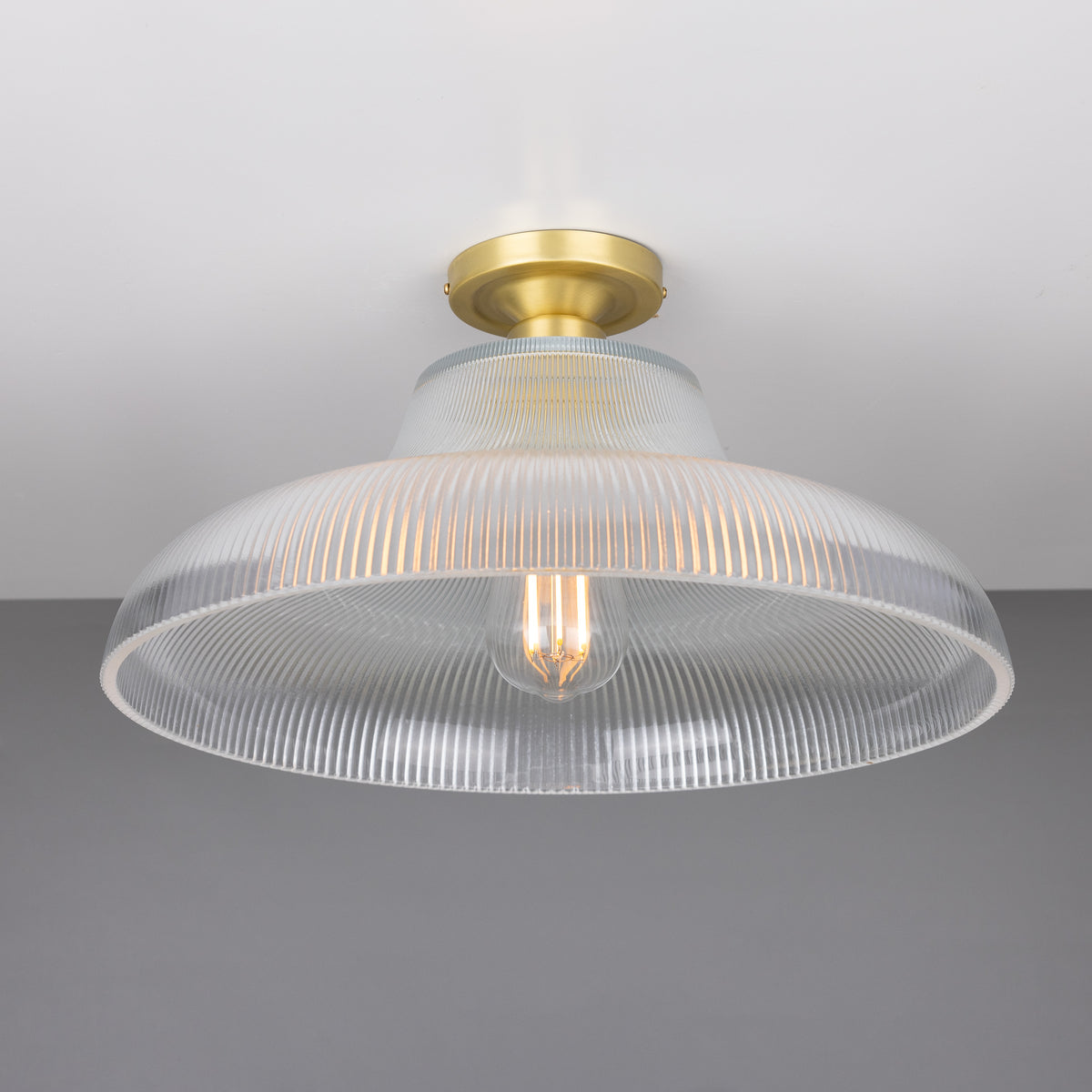 Mono 40cm Vintage Flush Ceiling Light in Satin Brass with Prismatic Glass Shade