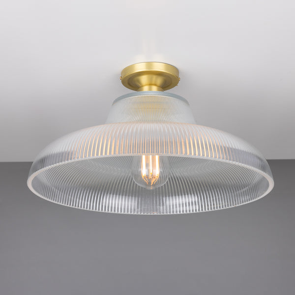 Mono 40cm Vintage Flush Ceiling Light in Satin Brass with Prismatic Glass Shade