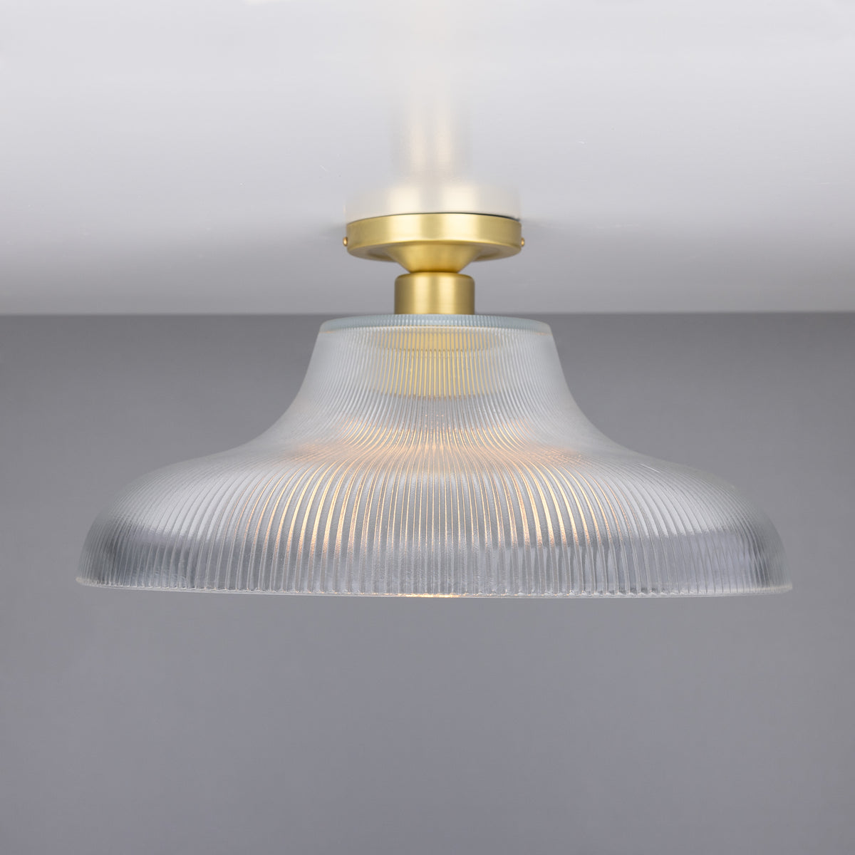 Mono 40cm Vintage Flush Ceiling Light in Satin Brass with Prismatic Glass Shade