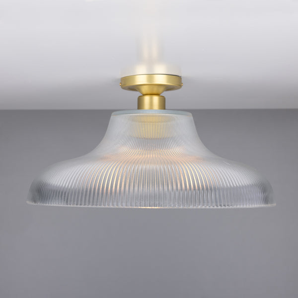 Mullan Mono 40cm vintage flush ceiling light in satin brass with a ribbed prismatic glass shade
