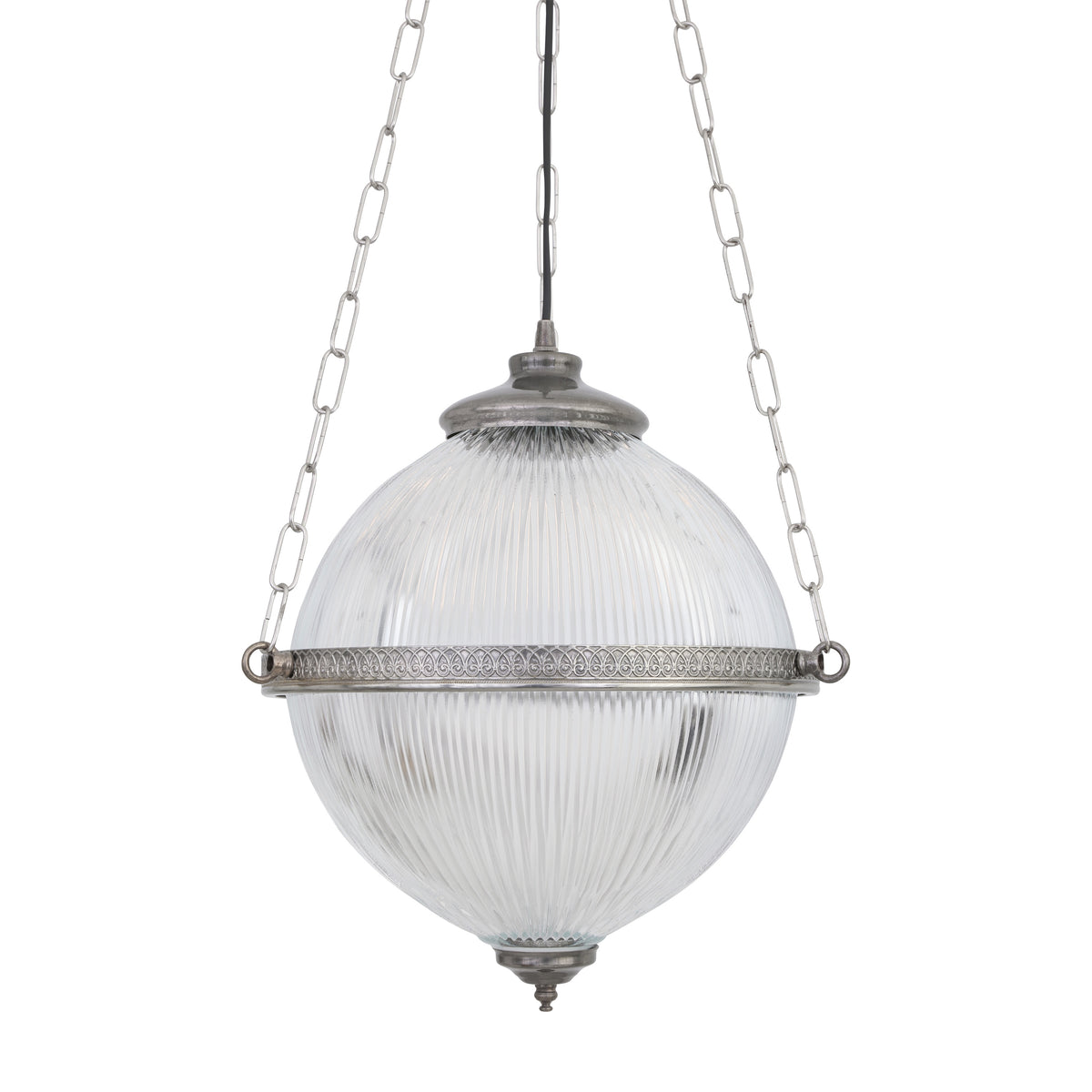 Round ribbed glass pendant light with silver metal trim and hanging chains