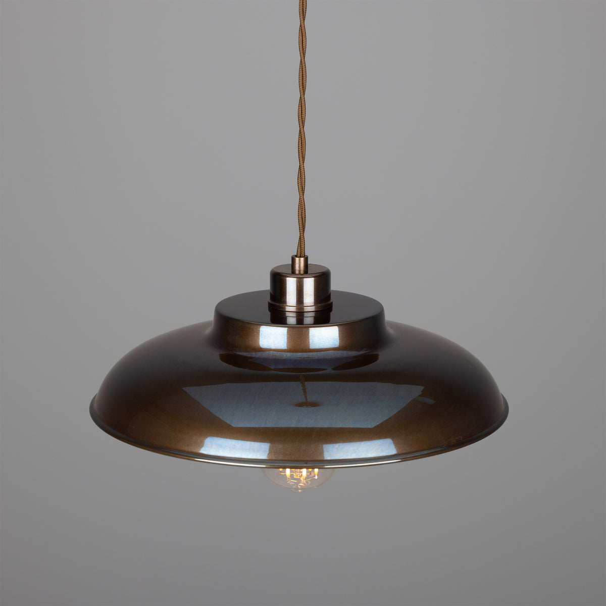 Mullan Telal pendant light in antique brass with a wide dome shade and braided cord