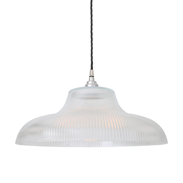 Mullan Mono 40cm vintage railway pendant light in satin chrome with a ribbed prismatic glass shade