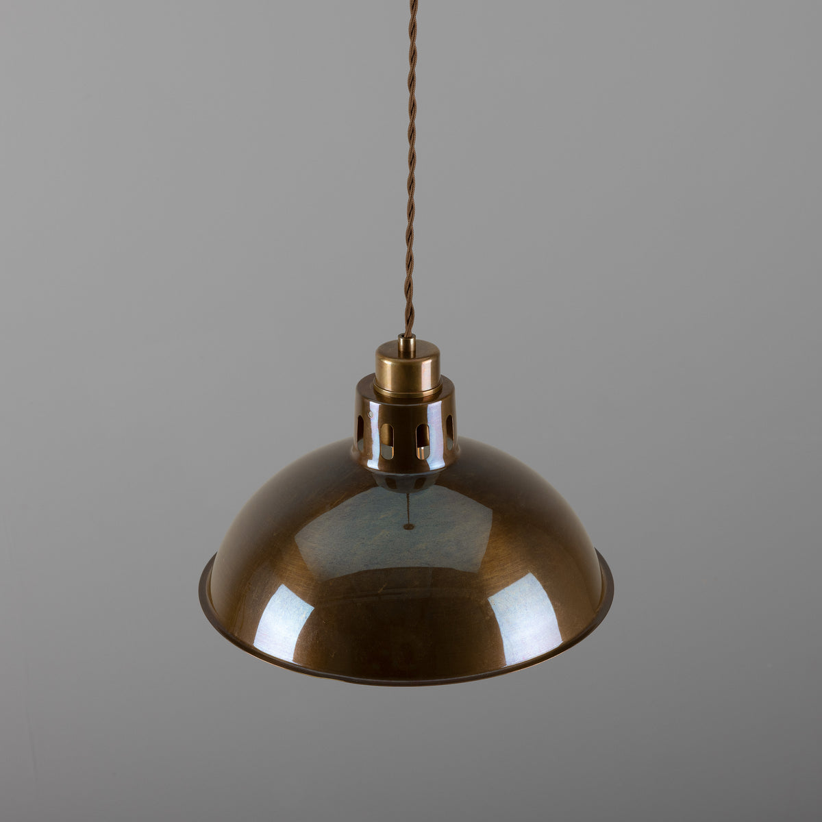 Mullan Paris industrial pendant light in antique brass with a dome shade and braided cord